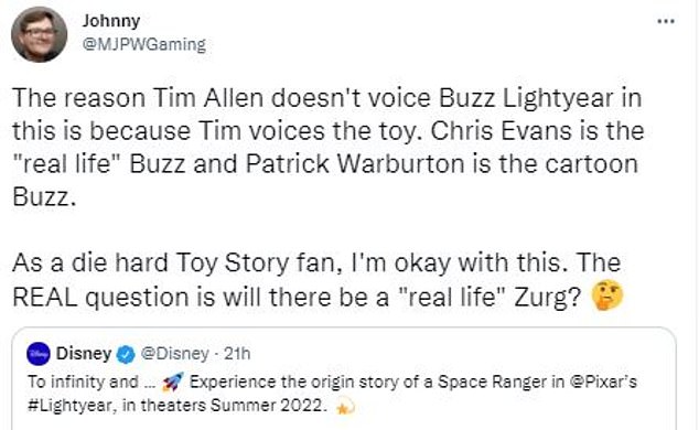 Những người dùng khác đã chia sẻ để giải thích rằng sự thay đổi về diễn viên chỉ đơn giản là vì bộ phim sắp tới của Lightyear là một câu chuyện gốc về Buzz Lightyear 'ngoài đời thực', điều này sẽ giải thích sự thay đổi về diễn viên