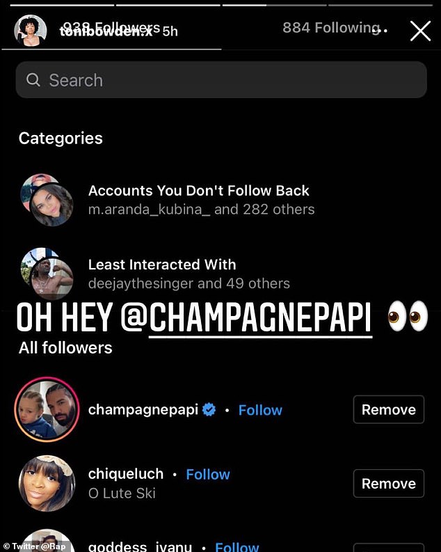 `` Oh heychampagnepapi '': Người tạo hit One Dance (tên khai sinh là Aubrey Graham) không đùa khi troll vợ Tony lên Instagram Story để đăng một bức ảnh về những người theo dõi mới của cô ấy, bao gồm cả rapper