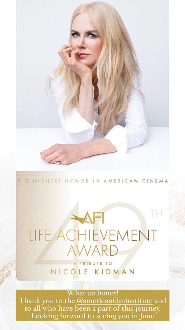 Điều này xảy ra sau khi có thông tin tiết lộ rằng Nicole sẽ nhận được Giải thưởng Thành tựu Cuộc sống từ Viện phim Mỹ vào năm tới